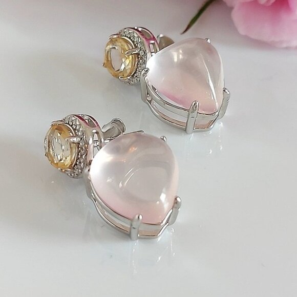 Natural Rose Quartz, Citrine & CZ‎ 925 Sterling Silver Earrings - Picture 8 of 12